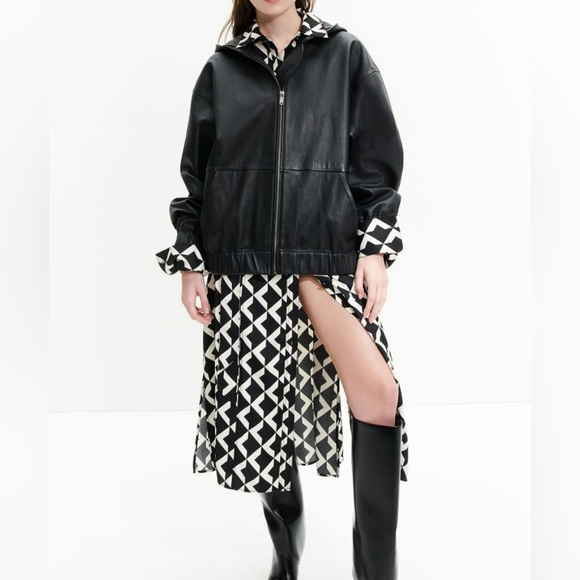 H&M Tie-belt shirt dress black & white Patternwd sz L bnwt - Picture 3 of 16